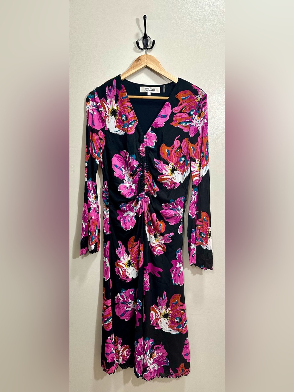 Diane Von Furstenberg Hildy Midi Dress Vibrant Pink Floral Size XL - Picture 2 of 8